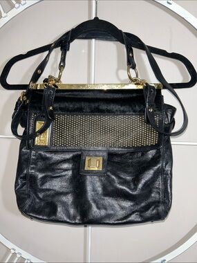 Badgley Mischka Holly Black Leather Sachel Shoulder Bag w Gold Stud Detailing